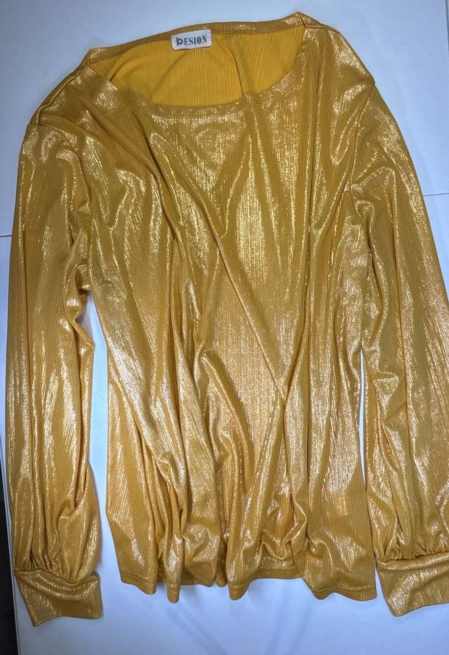 DESION Metallic Gold Long Sleeve Top Shiny Disco Blouse